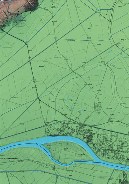 Mapa artístico del relieve de Sant Jaume d'Enveja, al Montsià, con 15 km de entorno y base topográfica ICGC. Detalle de la zona superior izquierda.