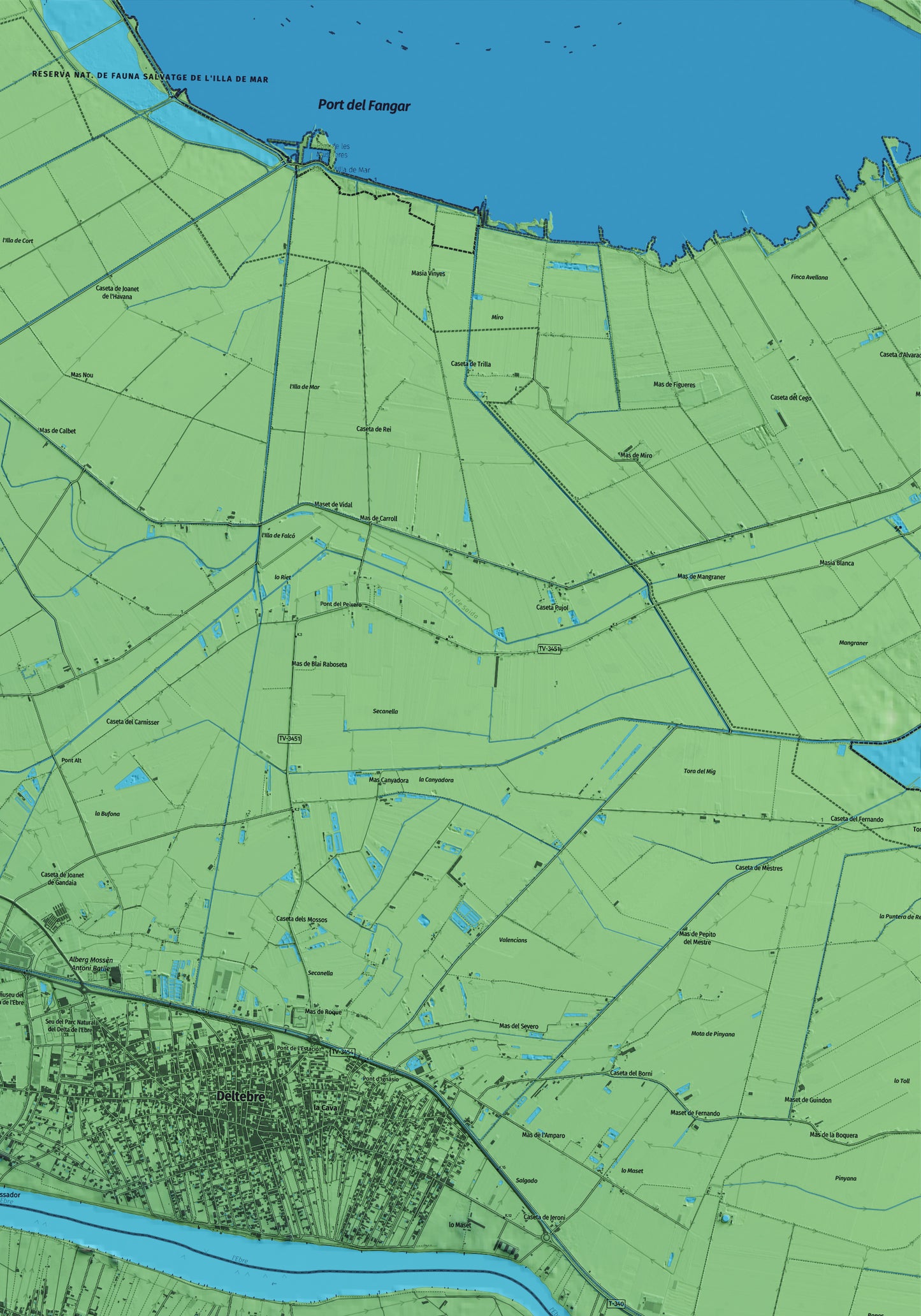 Mapa artístico del relieve de Sant Jaume d'Enveja, al Montsià, con 15 km de entorno y base topográfica ICGC. Detalle de la zona superior derecha.