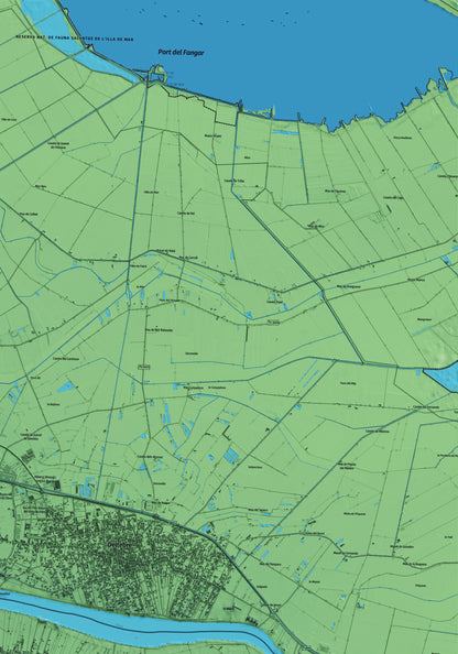 Mapa artístico del relieve de Sant Jaume d'Enveja, al Montsià, con 15 km de entorno y base topográfica ICGC. Detalle de la zona superior derecha.