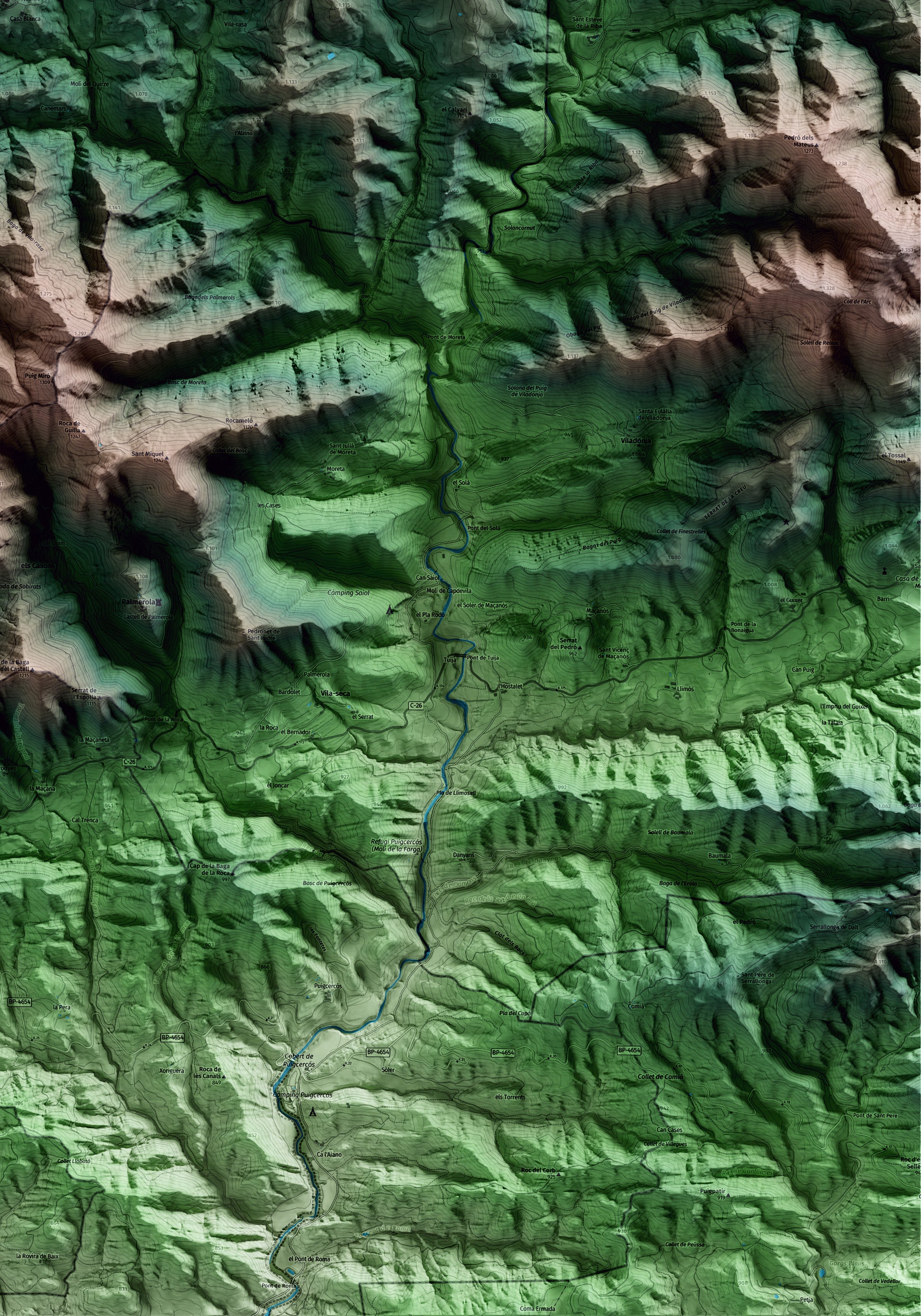 Mapa artístico del relieve de Sant Jaume de Frontanyà, al Berguedà, con 15 km de entorno y base topográfica ICGC. Detalle de la zona inferior derecha.