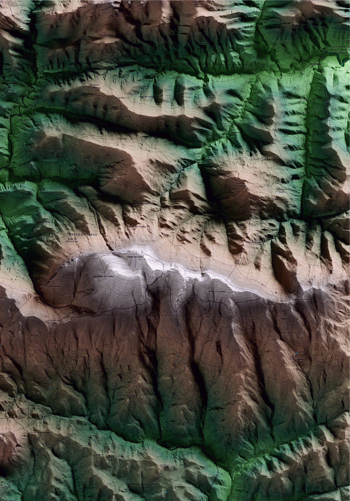 Mapa artístico del relieve de Sant Jaume de Frontanyà, al Berguedà, con 15 km de entorno y base topográfica ICGC. Detalle de la zona superior derecha.