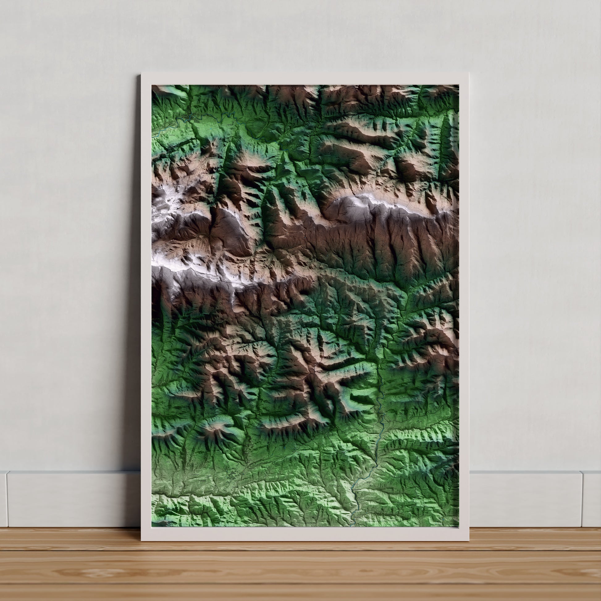 Mapa artístico del relieve de Sant Jaume de Frontanyà, al Berguedà, con 15 km de entorno y base topográfica ICGC. Presentación enmarcada.