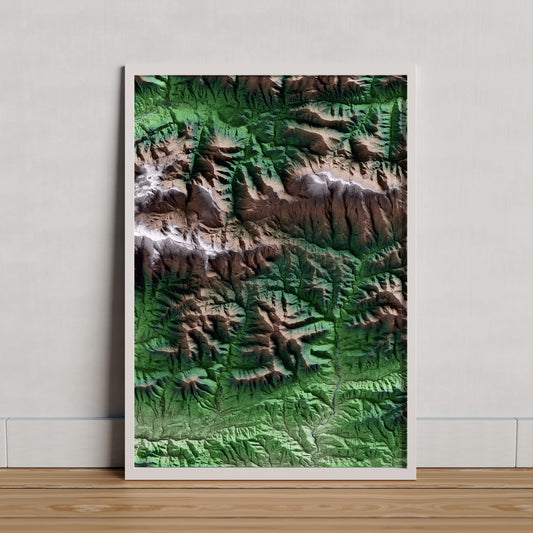 Mapa artístico del relieve de Sant Jaume de Frontanyà, al Berguedà, con 15 km de entorno y base topográfica ICGC. Presentación enmarcada.