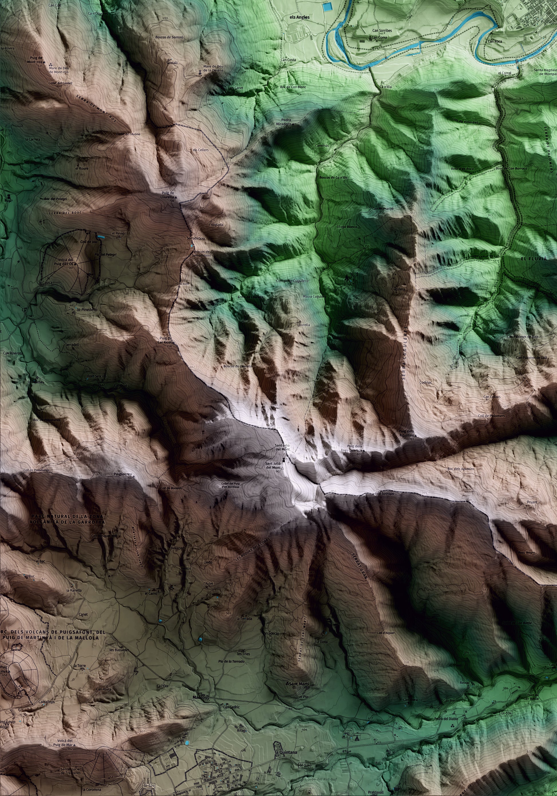 Mapa artístico del relieve de Sant Jaume de Llierca, a la Garrotxa, con 15 km de entorno y base topográfica ICGC. Detalle de la zona inferior izquierda.