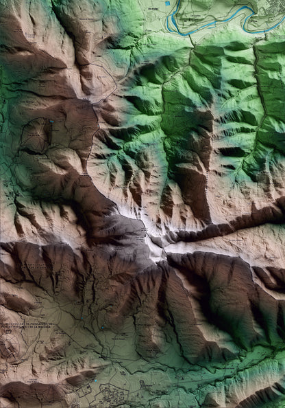 Mapa artístico del relieve de Sant Jaume de Llierca, a la Garrotxa, con 15 km de entorno y base topográfica ICGC. Detalle de la zona inferior izquierda.