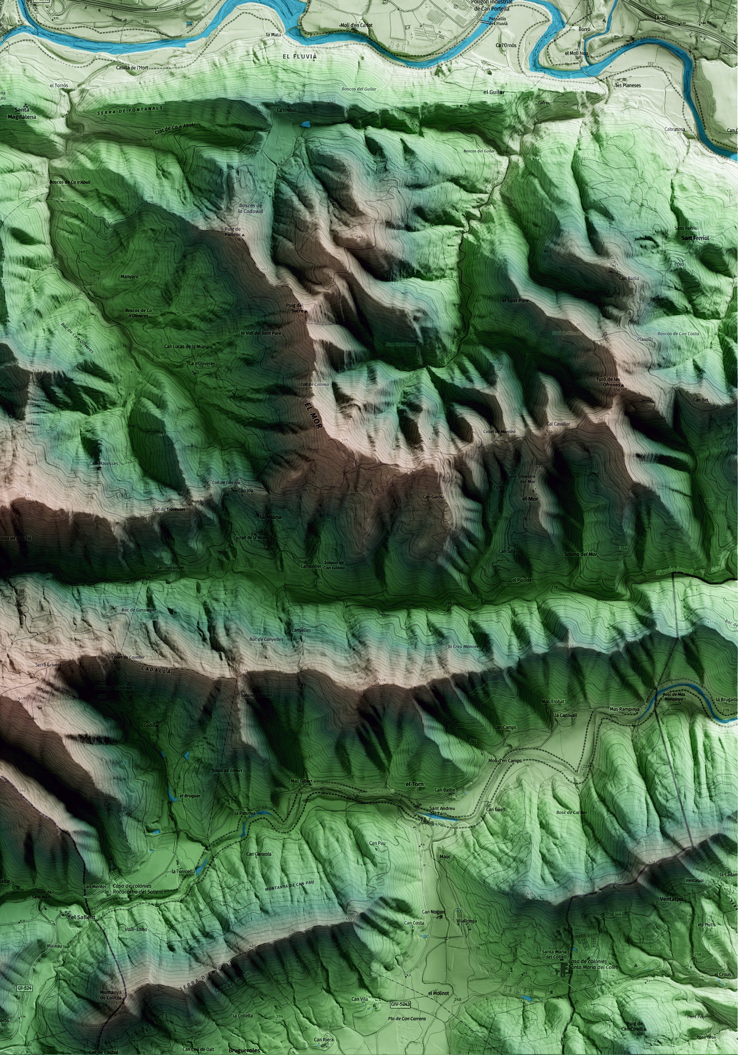 Mapa artístico del relieve de Sant Jaume de Llierca, a la Garrotxa, con 15 km de entorno y base topográfica ICGC. Detalle de la zona inferior derecha.
