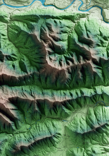 Mapa artístico del relieve de Sant Jaume de Llierca, a la Garrotxa, con 15 km de entorno y base topográfica ICGC. Detalle de la zona inferior derecha.