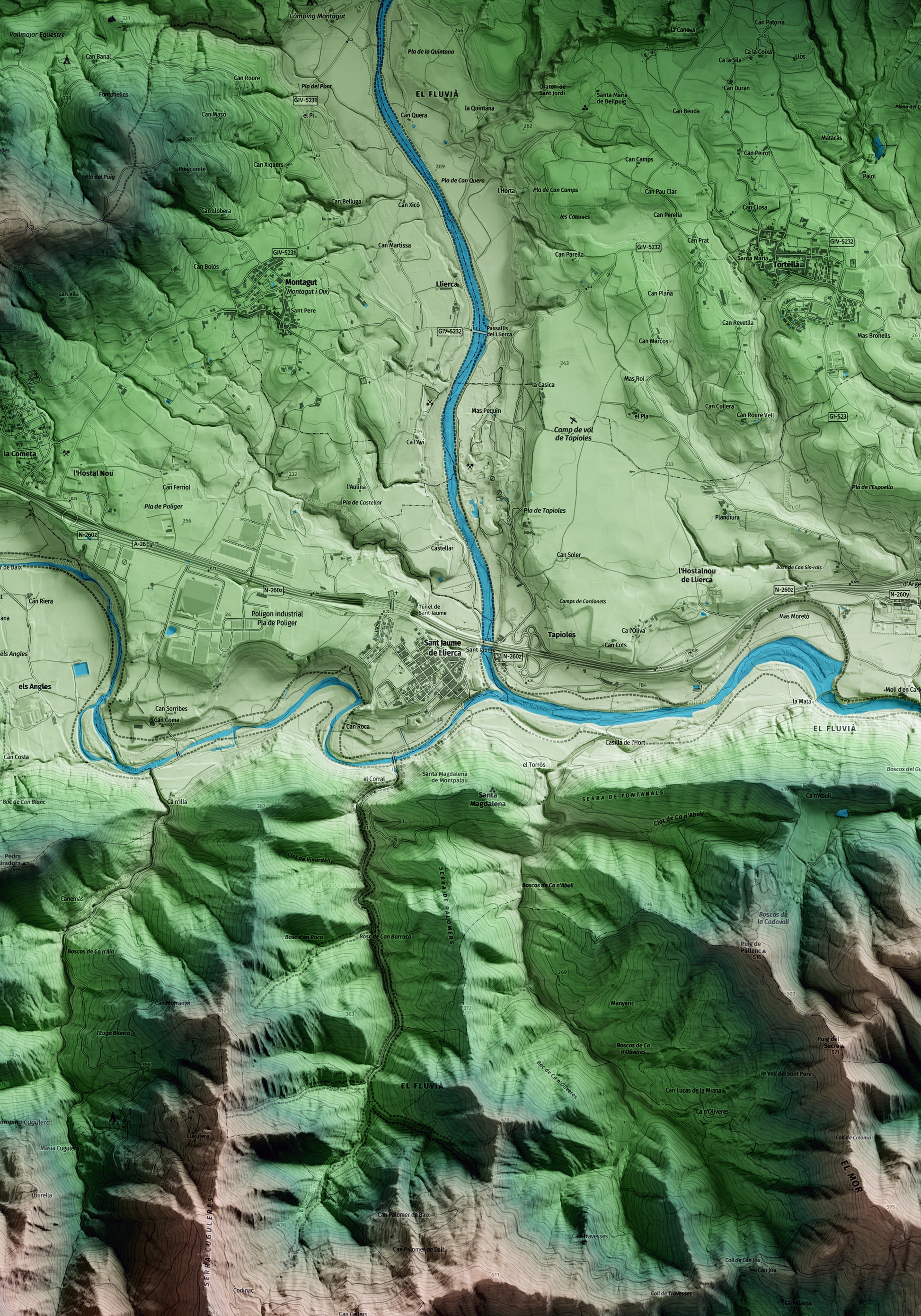 Mapa artístico del relieve de Sant Jaume de Llierca, a la Garrotxa, con 15 km de entorno y base topográfica ICGC. Detalle de la zona central.