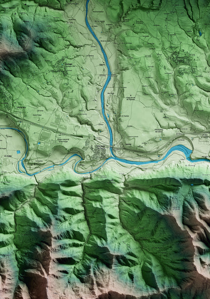 Mapa artístico del relieve de Sant Jaume de Llierca, a la Garrotxa, con 15 km de entorno y base topográfica ICGC. Detalle de la zona central.