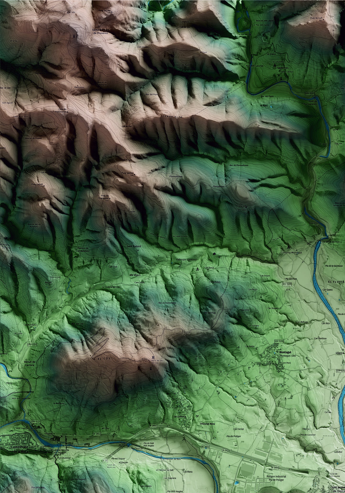 Mapa artístico del relieve de Sant Jaume de Llierca, a la Garrotxa, con 15 km de entorno y base topográfica ICGC. Detalle de la zona superior izquierda.