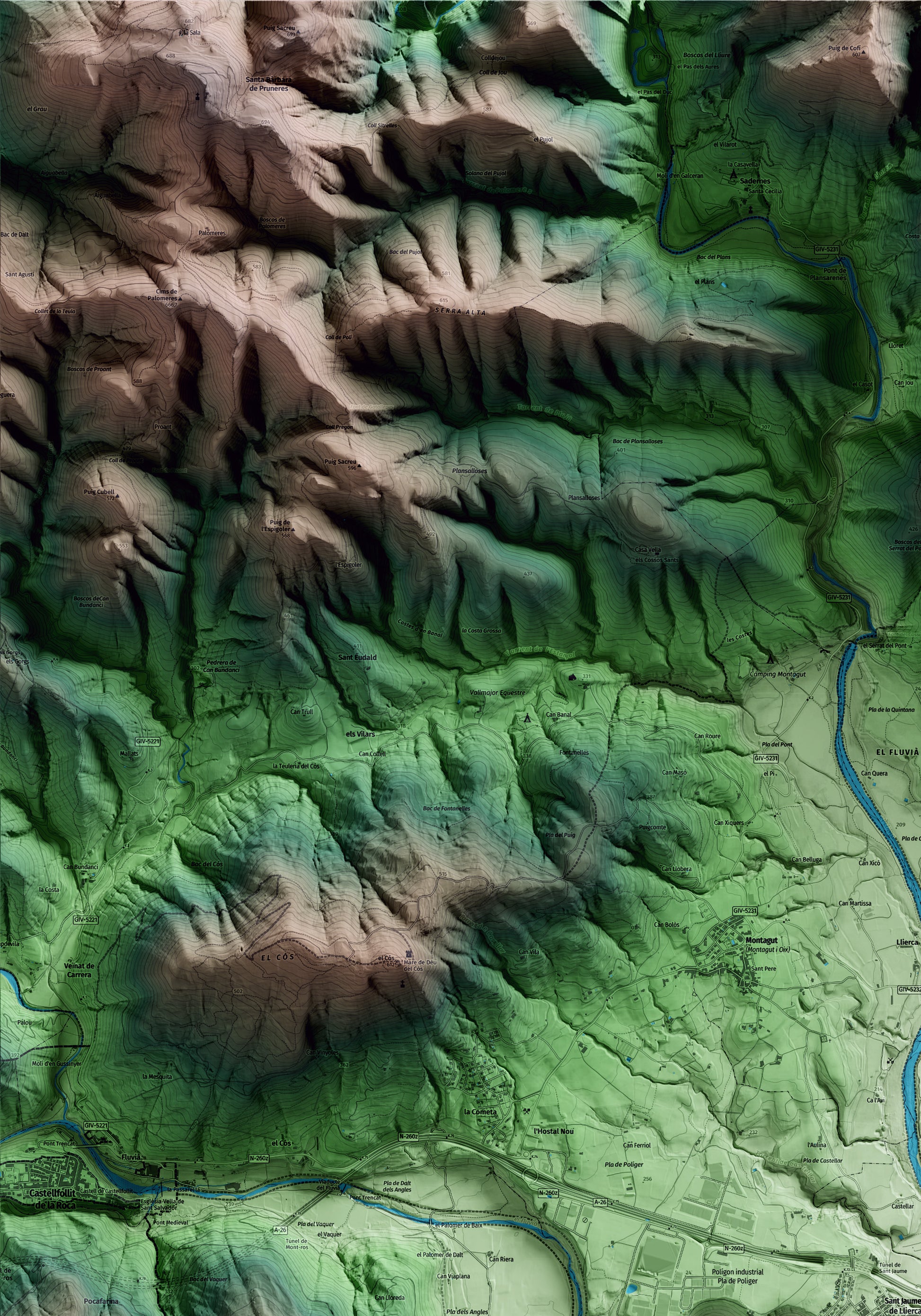 Mapa artístico del relieve de Sant Jaume de Llierca, a la Garrotxa, con 15 km de entorno y base topográfica ICGC. Detalle de la zona superior izquierda.