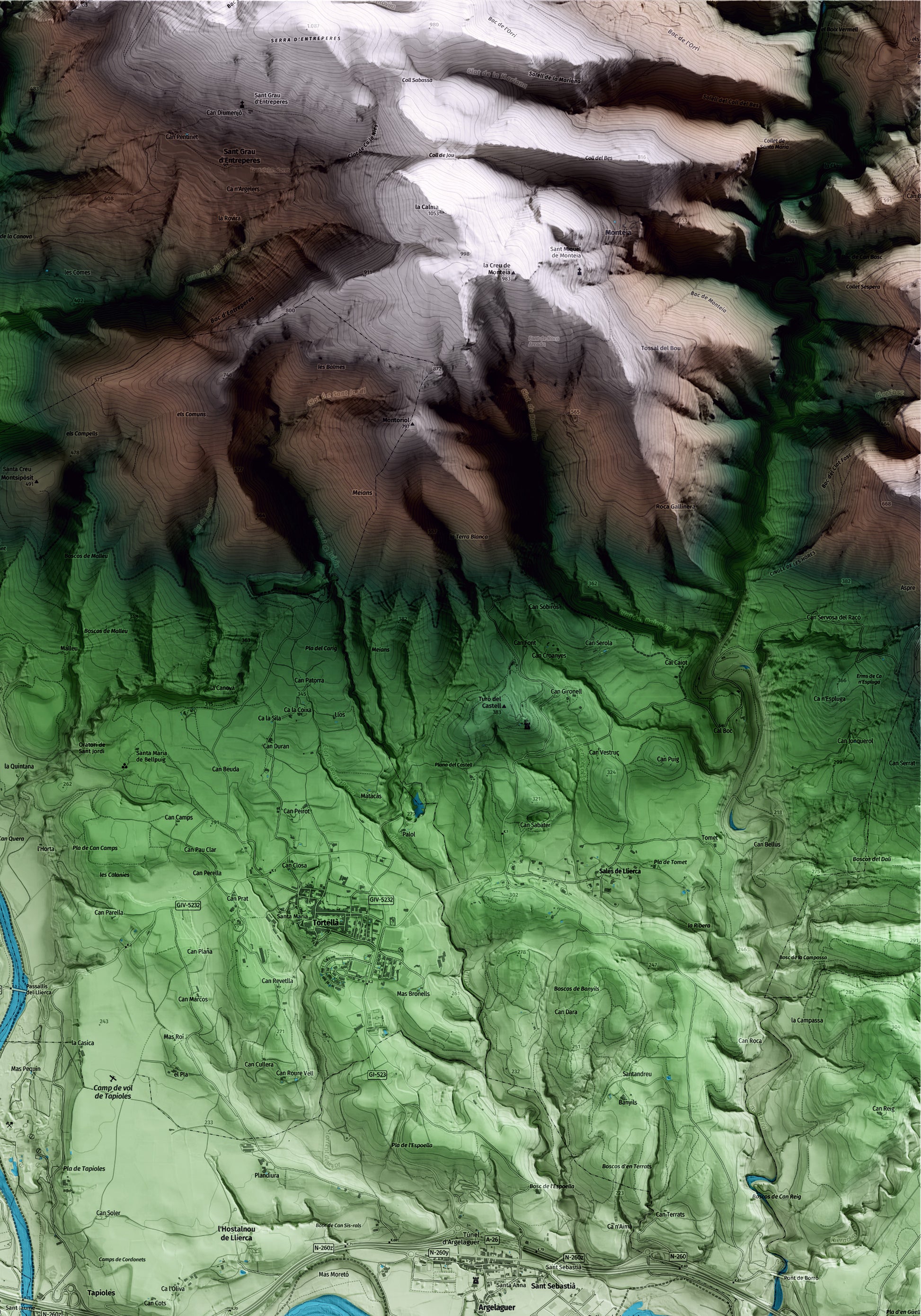 Mapa artístico del relieve de Sant Jaume de Llierca, a la Garrotxa, con 15 km de entorno y base topográfica ICGC. Detalle de la zona superior derecha.
