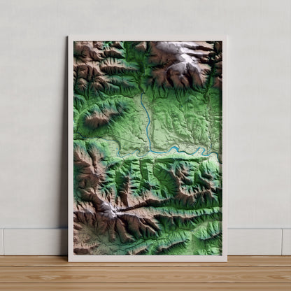 Mapa artístico del relieve de Sant Jaume de Llierca, a la Garrotxa, con 15 km de entorno y base topográfica ICGC. Presentación enmarcada.