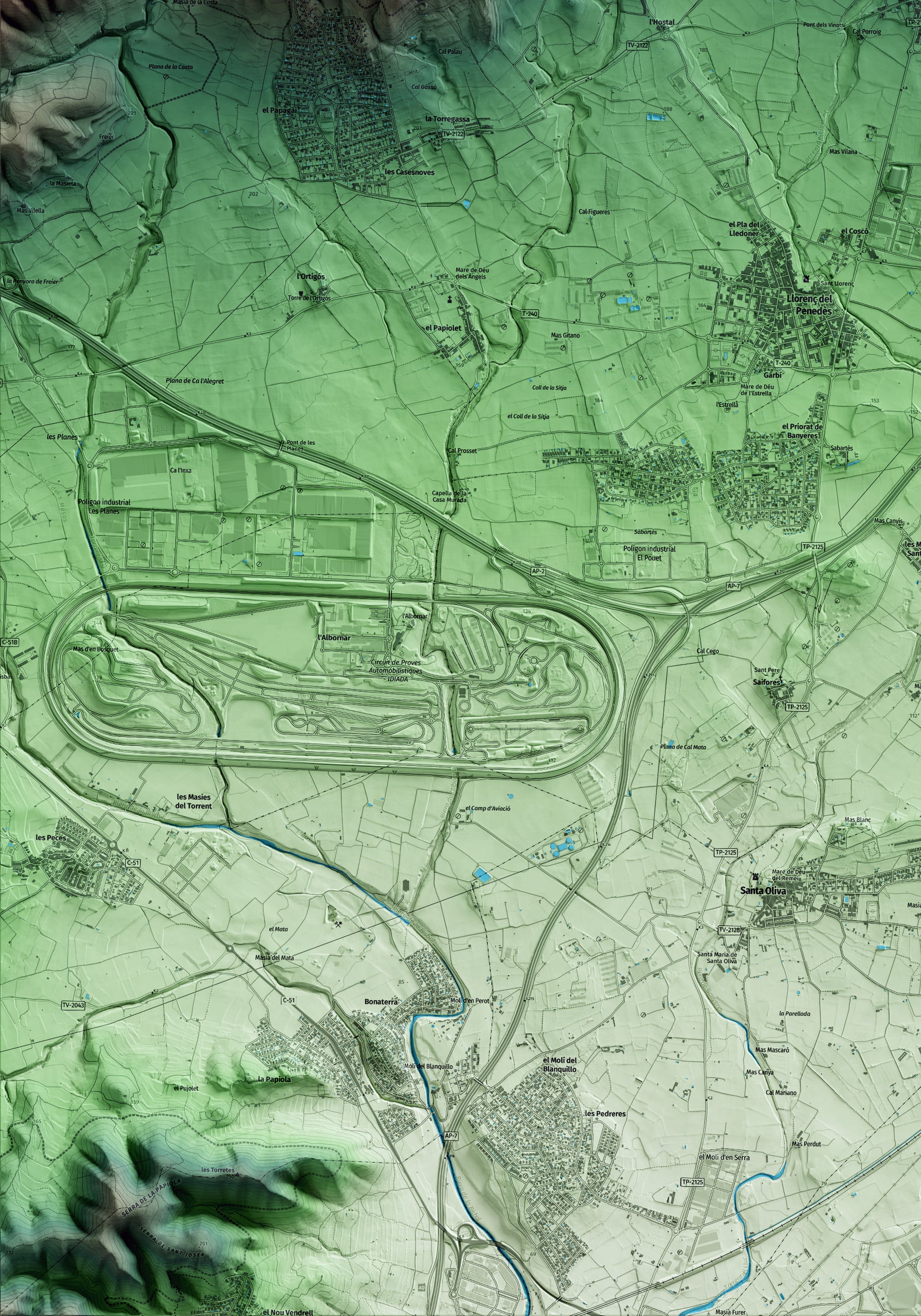 Mapa artístico del relieve de Sant Jaume dels Domenys, al Baix Penedès, con 15 km de entorno y base topográfica ICGC. Detalle de la zona inferior izquierda.