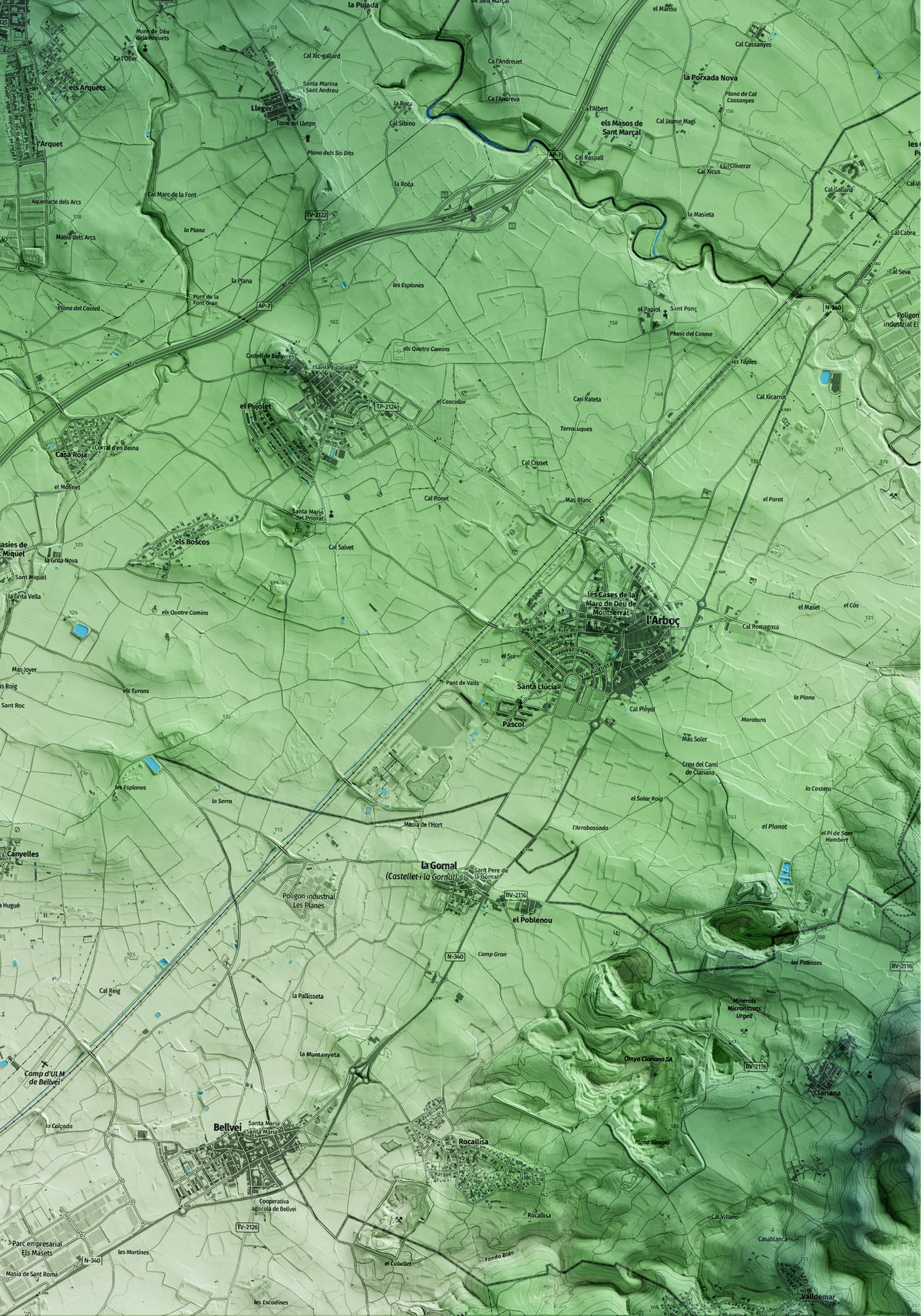 Mapa artístico del relieve de Sant Jaume dels Domenys, al Baix Penedès, con 15 km de entorno y base topográfica ICGC. Detalle de la zona inferior derecha.