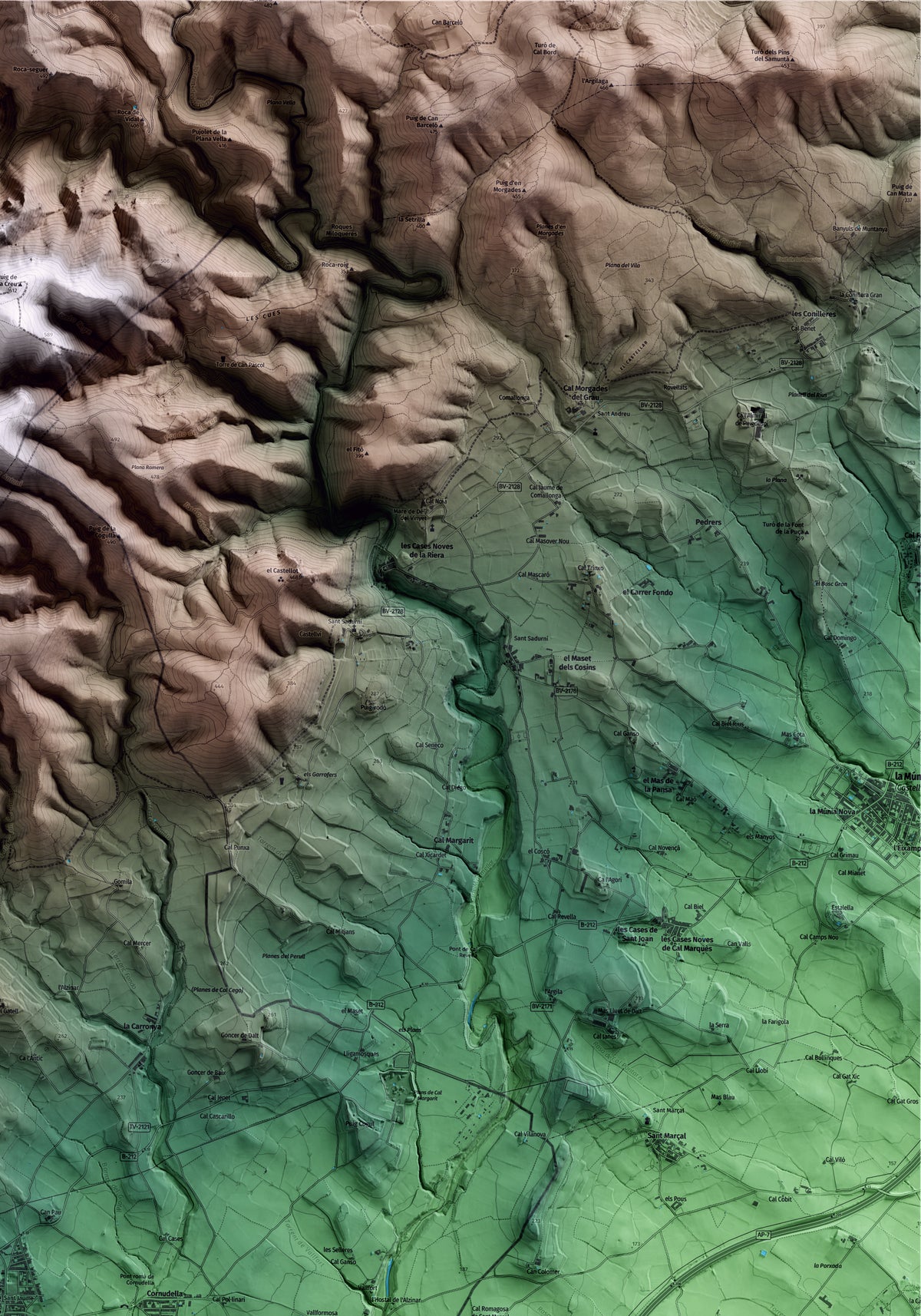 Mapa artístico del relieve de Sant Jaume dels Domenys, al Baix Penedès, con 15 km de entorno y base topográfica ICGC. Detalle de la zona superior derecha.