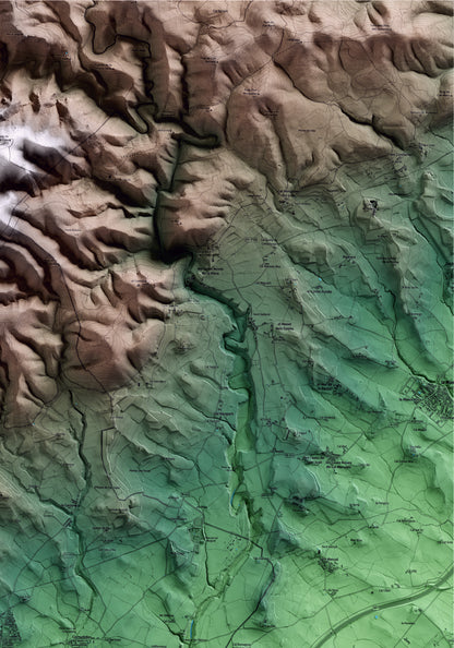 Mapa artístico del relieve de Sant Jaume dels Domenys, al Baix Penedès, con 15 km de entorno y base topográfica ICGC. Detalle de la zona superior derecha.