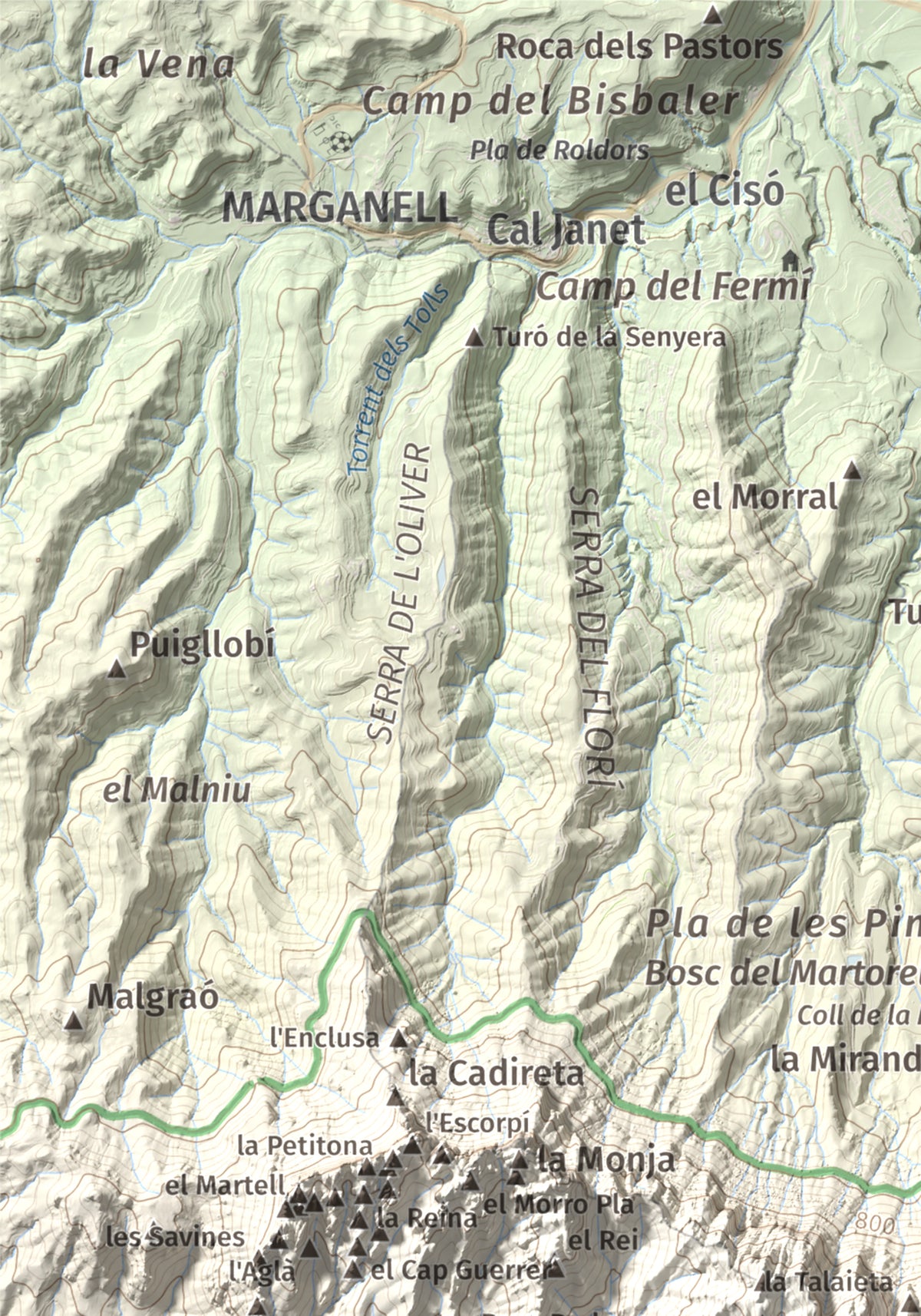 Mapa de relieve de Sant Jeroni, 1236 m, Anoia · Bages, lámina 100 Cims de Trobart. Detalle de la zona superior izquierda. 21 × 30 cm.