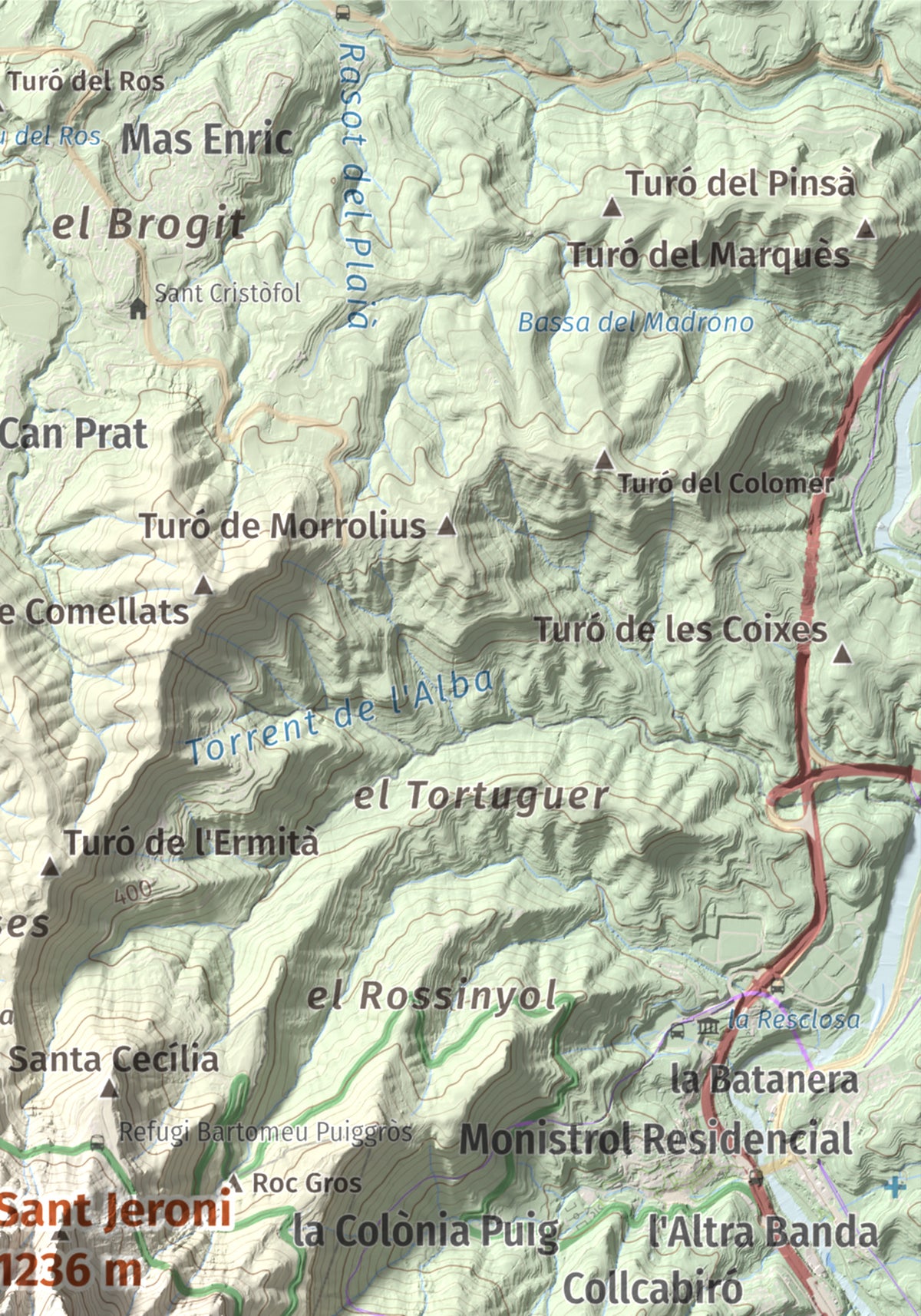 Mapa de relieve de Sant Jeroni, 1236 m, Anoia · Bages, lámina 100 Cims de Trobart. Detalle de la zona superior derecha. 21 × 30 cm.