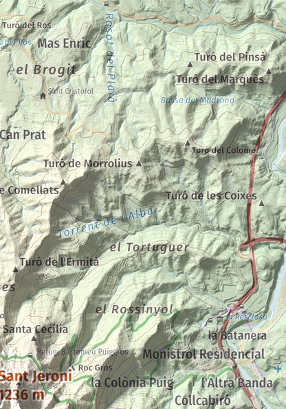 Mapa de relieve de Sant Jeroni, 1236 m, Anoia · Bages, lámina 100 Cims de Trobart. Detalle de la zona superior derecha. 21 × 30 cm.