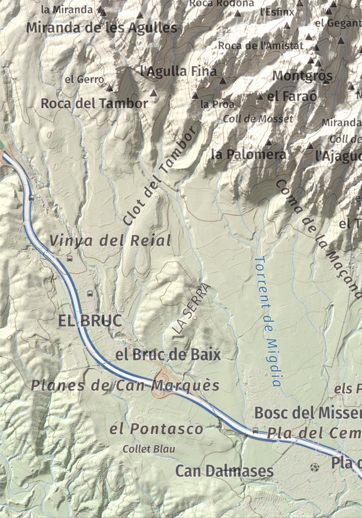 Mapa de relieve de Sant Jeroni, 1236 m, Anoia · Bages, lámina 100 Cims de Trobart. Detalle de la zona inferior izquierda. 21 × 30 cm.