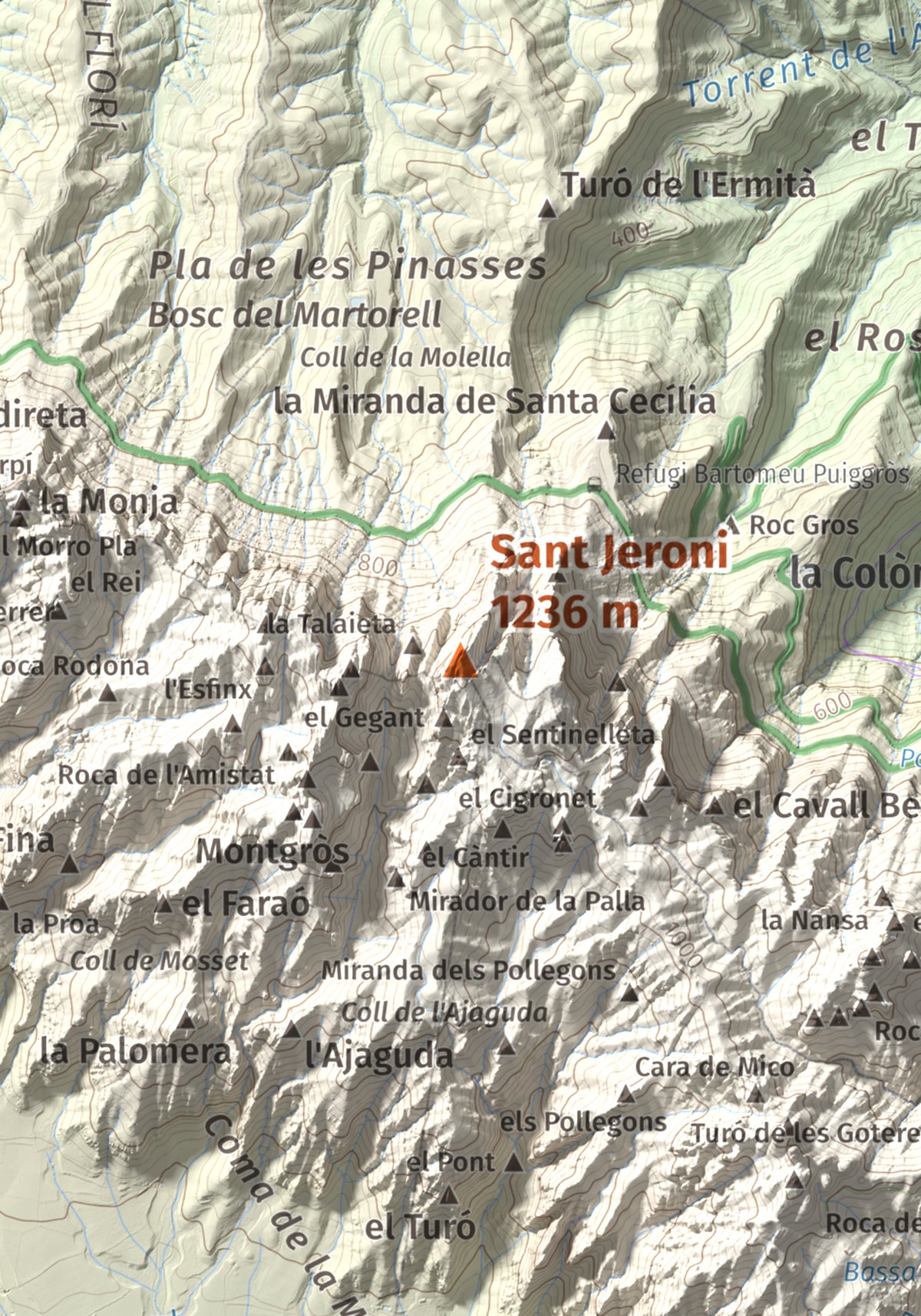 Mapa de relieve de Sant Jeroni, 1236 m, Anoia · Bages, lámina 100 Cims de Trobart. Detalle de la zona central. 21 × 30 cm.