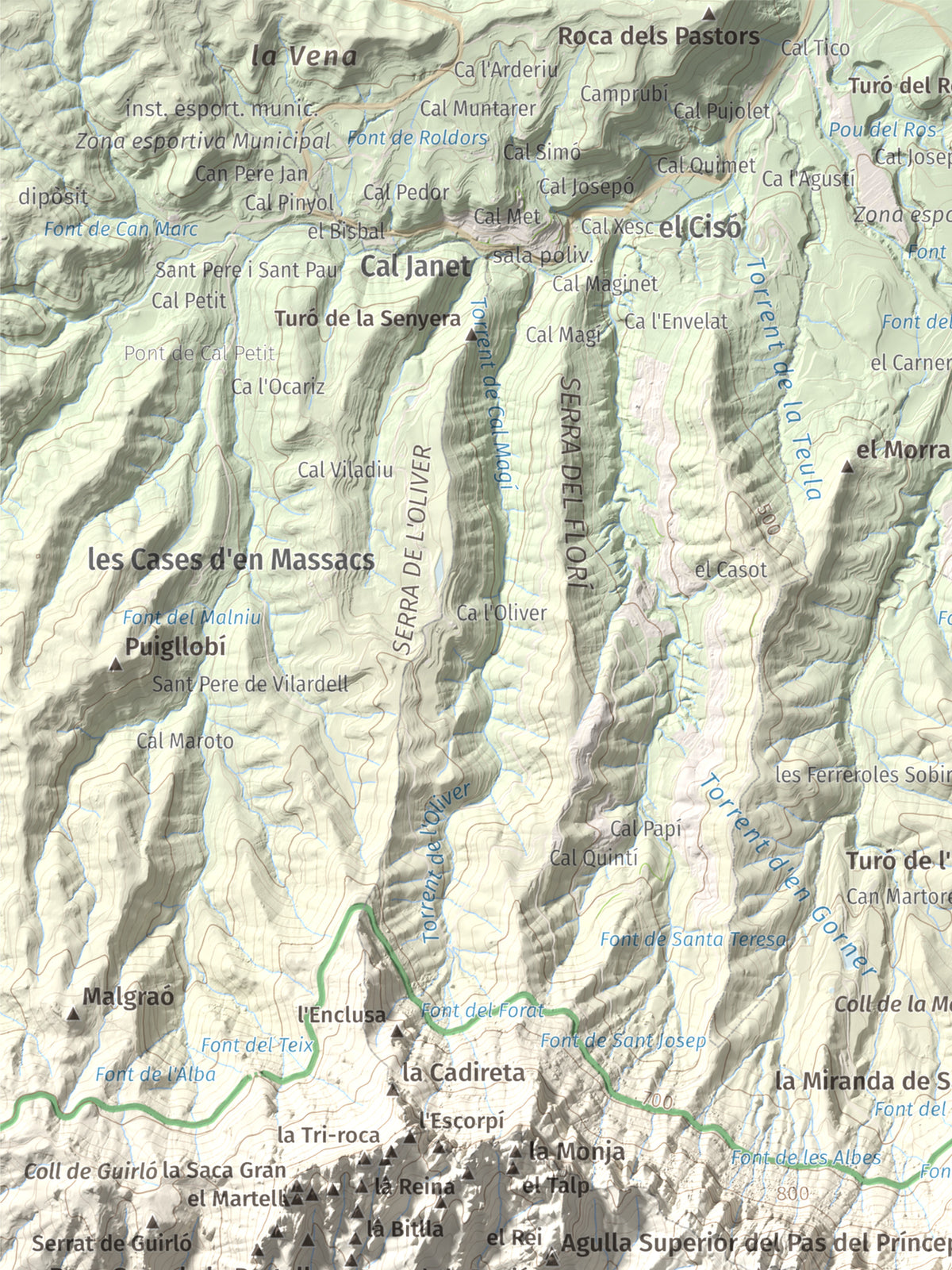 Mapa de relieve de Sant Jeroni, 1236 m, Anoia · Bages, lámina 100 Cims de Trobart. Detalle de la zona superior izquierda. 30 × 40 cm.