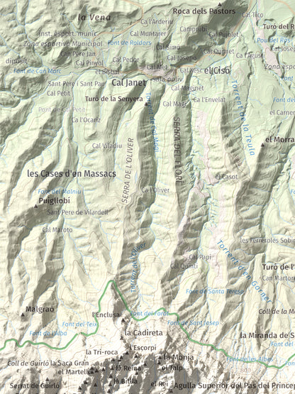 Mapa de relieve de Sant Jeroni, 1236 m, Anoia · Bages, lámina 100 Cims de Trobart. Detalle de la zona superior izquierda. 30 × 40 cm.