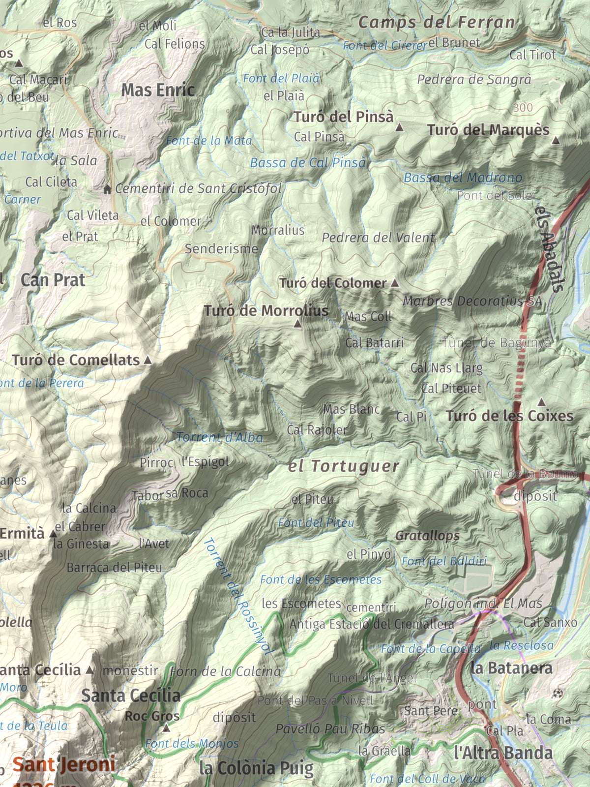 Mapa de relieve de Sant Jeroni, 1236 m, Anoia · Bages, lámina 100 Cims de Trobart. Detalle de la zona superior derecha. 30 × 40 cm.