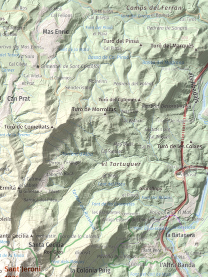 Mapa de relieve de Sant Jeroni, 1236 m, Anoia · Bages, lámina 100 Cims de Trobart. Detalle de la zona superior derecha. 30 × 40 cm.