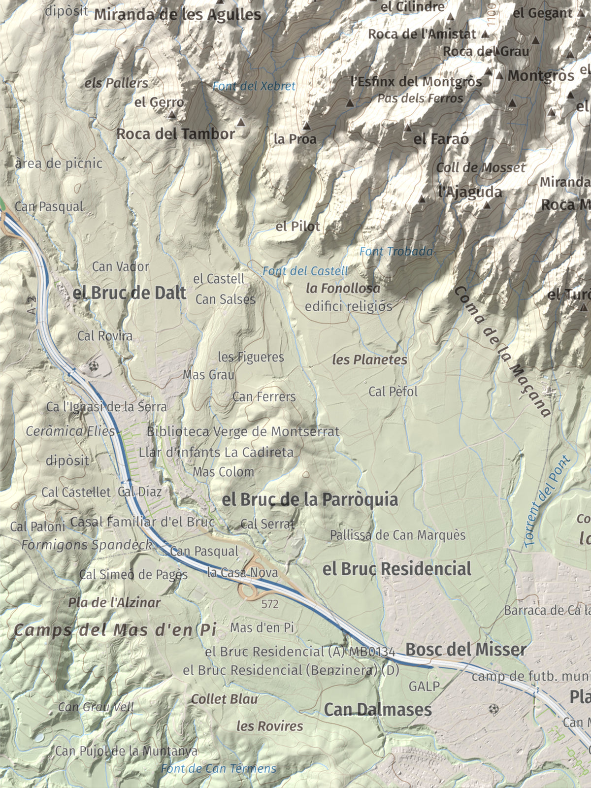 Mapa de relieve de Sant Jeroni, 1236 m, Anoia · Bages, lámina 100 Cims de Trobart. Detalle de la zona inferior izquierda. 30 × 40 cm.
