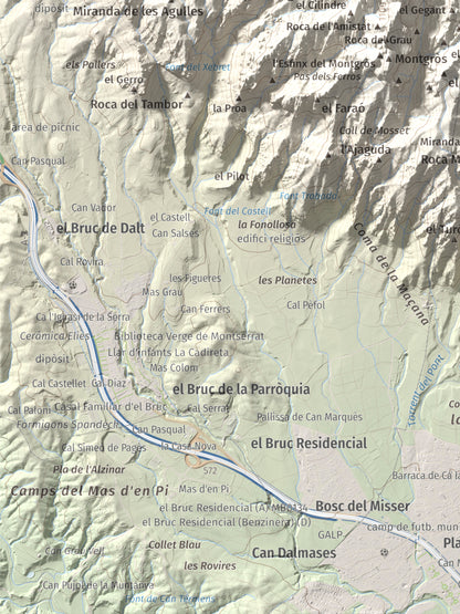 Mapa de relieve de Sant Jeroni, 1236 m, Anoia · Bages, lámina 100 Cims de Trobart. Detalle de la zona inferior izquierda. 30 × 40 cm.