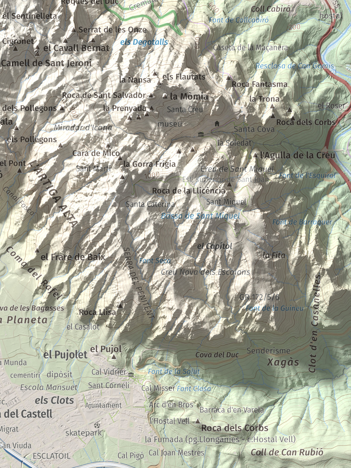 Mapa de relieve de Sant Jeroni, 1236 m, Anoia · Bages, lámina 100 Cims de Trobart. Detalle de la zona inferior derecha. 30 × 40 cm.