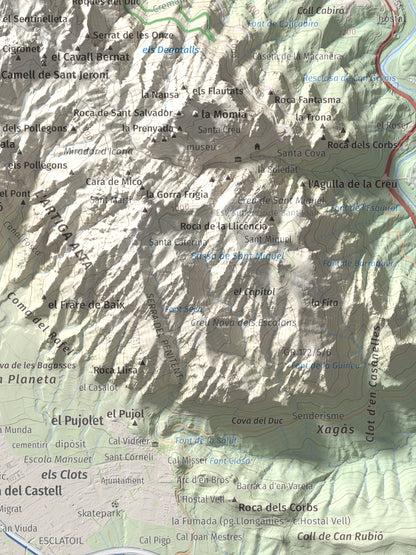 Mapa de relieve de Sant Jeroni, 1236 m, Anoia · Bages, lámina 100 Cims de Trobart. Detalle de la zona inferior derecha. 30 × 40 cm.