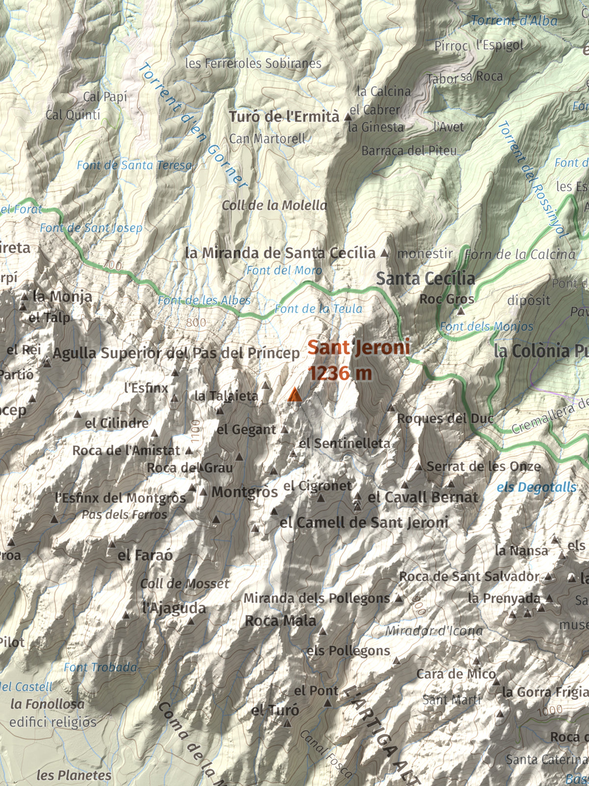 Mapa de relieve de Sant Jeroni, 1236 m, Anoia · Bages, lámina 100 Cims de Trobart. Detalle de la zona central. 30 × 40 cm.