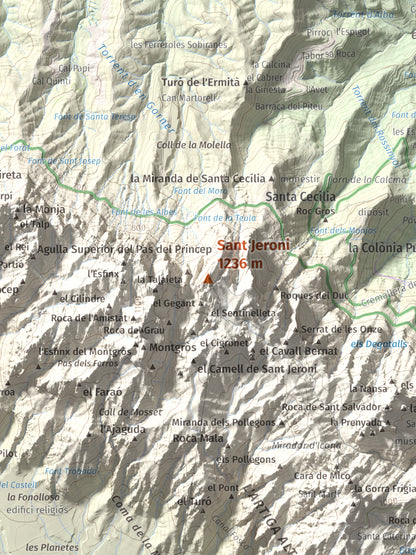 Mapa de relieve de Sant Jeroni, 1236 m, Anoia · Bages, lámina 100 Cims de Trobart. Detalle de la zona central. 30 × 40 cm.