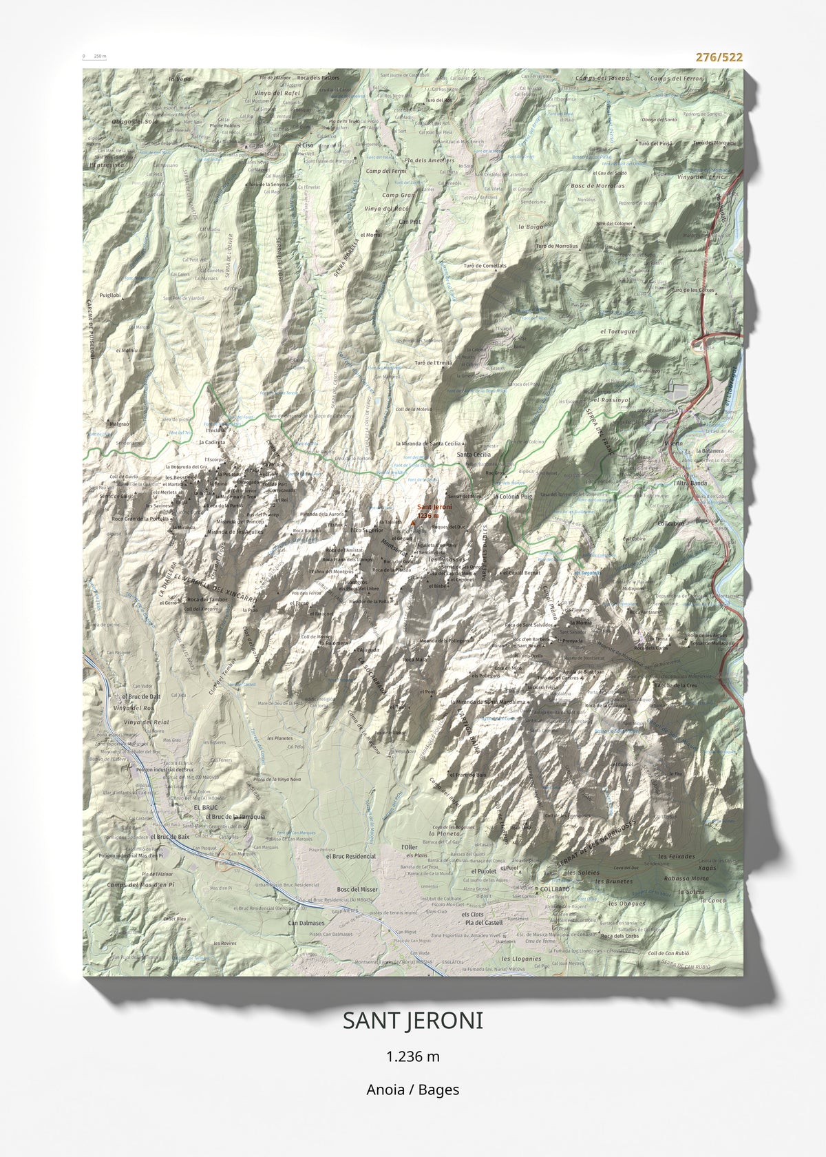 Mapa de relieve de Sant Jeroni, 1236 m, Anoia · Bages, lámina 100 Cims de Trobart 50 × 70 cm.