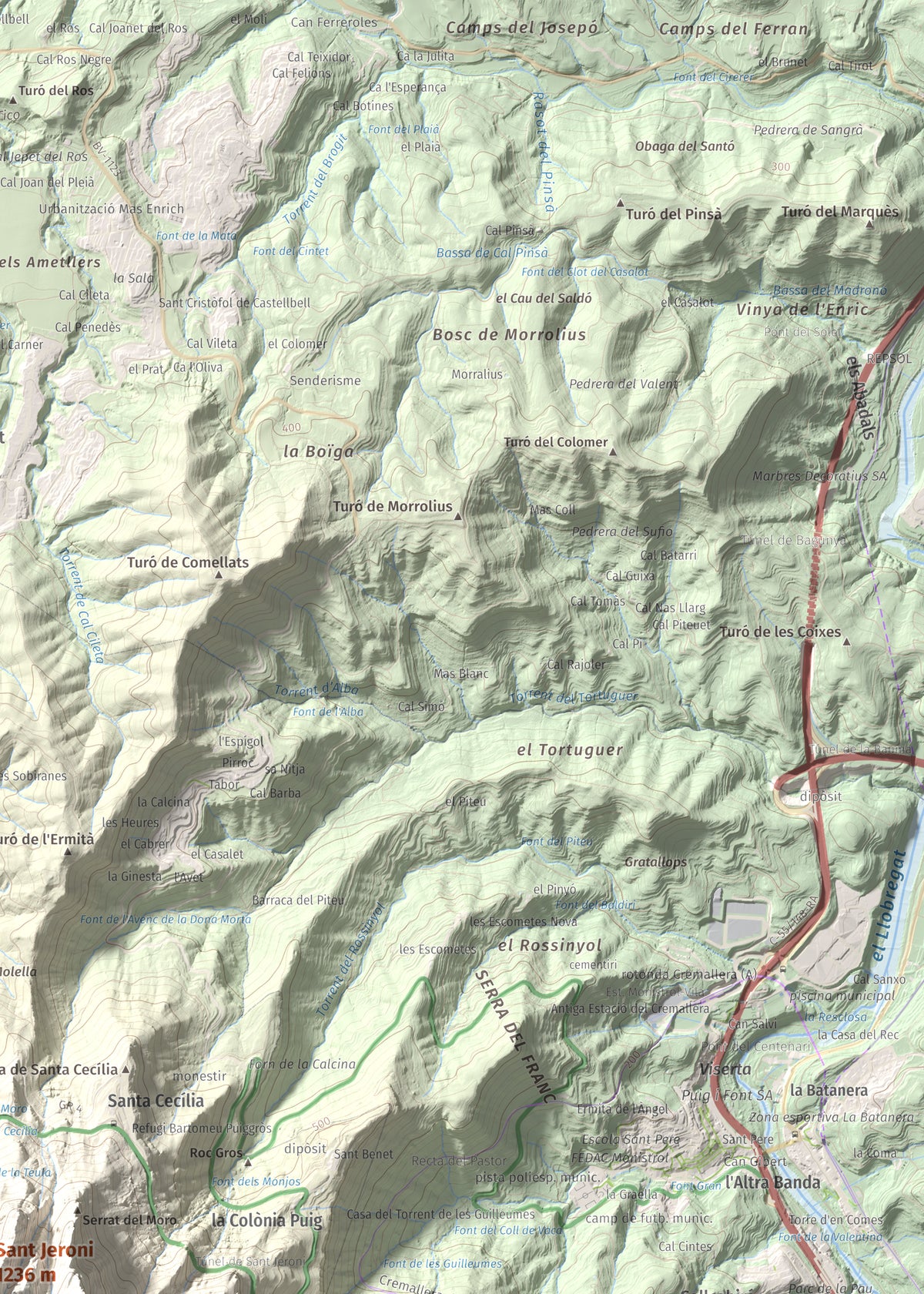 Mapa de relieve de Sant Jeroni, 1236 m, Anoia · Bages, lámina 100 Cims de Trobart. Detalle de la zona superior derecha. 50 × 70 cm.