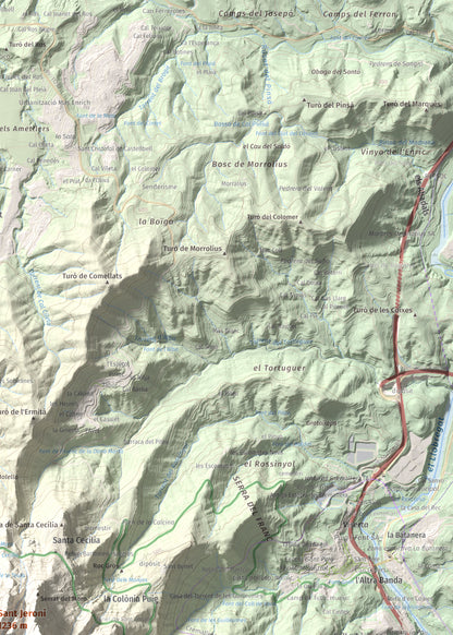 Mapa de relieve de Sant Jeroni, 1236 m, Anoia · Bages, lámina 100 Cims de Trobart. Detalle de la zona superior derecha. 50 × 70 cm.