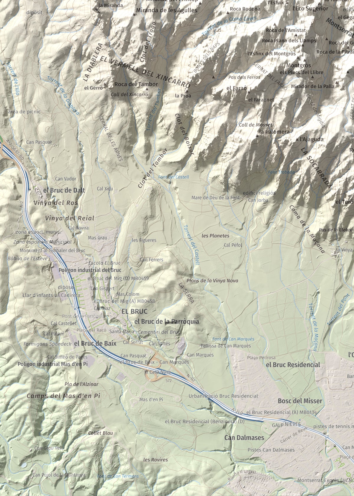 Mapa de relieve de Sant Jeroni, 1236 m, Anoia · Bages, lámina 100 Cims de Trobart. Detalle de la zona inferior izquierda. 50 × 70 cm.