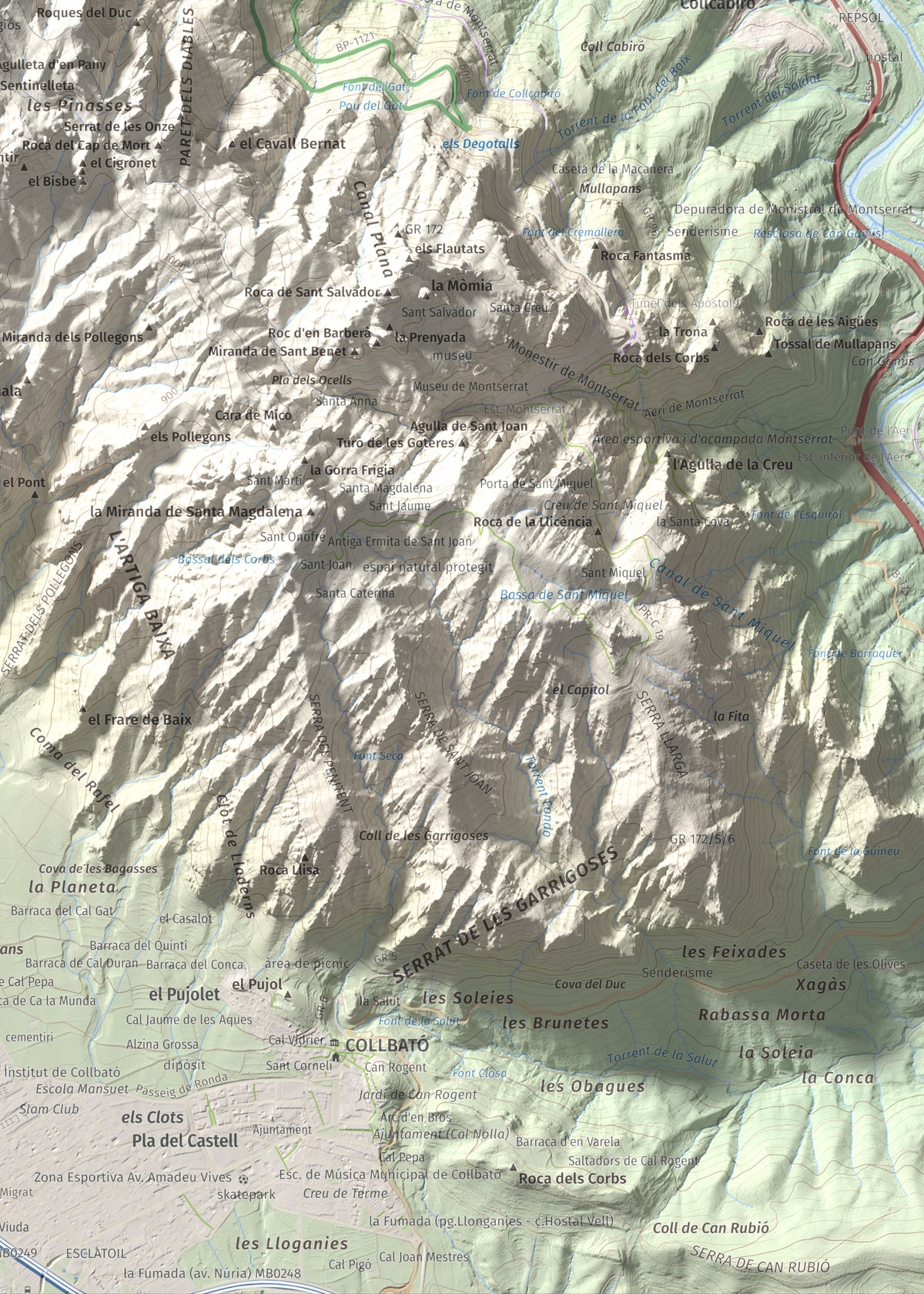 Mapa de relieve de Sant Jeroni, 1236 m, Anoia · Bages, lámina 100 Cims de Trobart. Detalle de la zona inferior derecha. 50 × 70 cm.