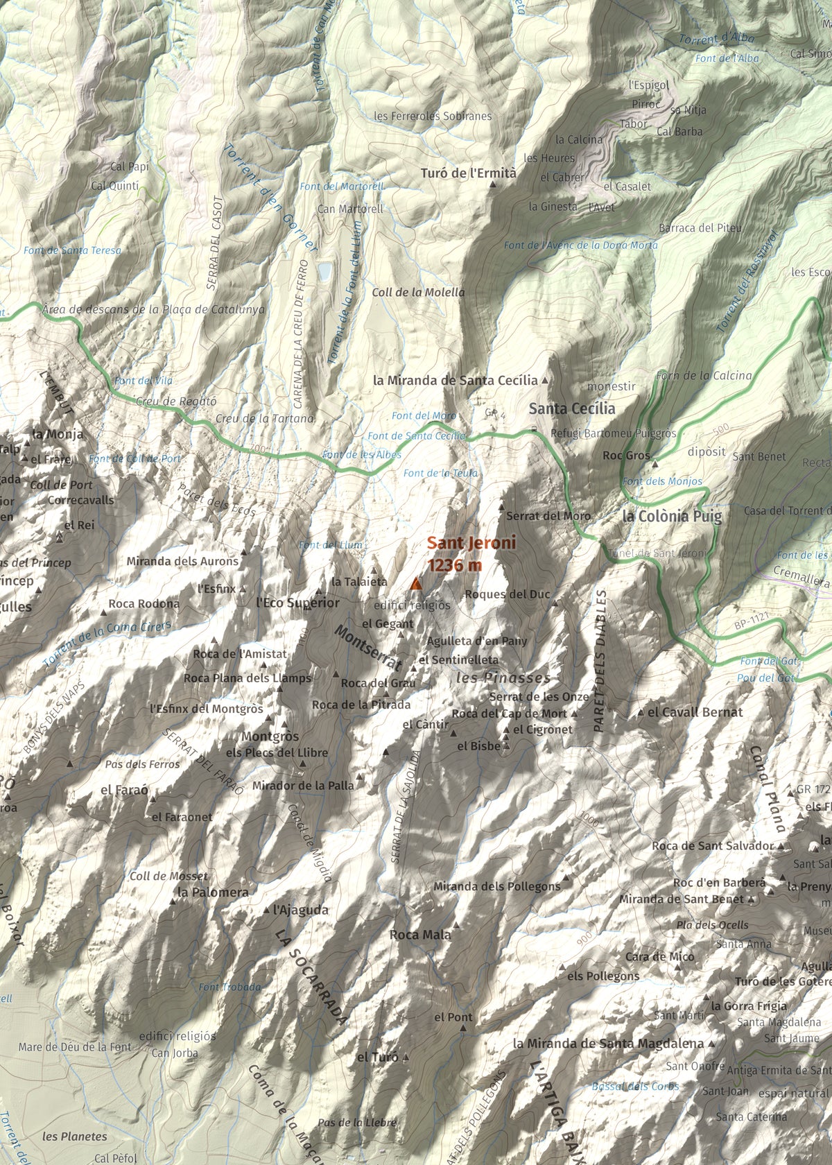Mapa de relieve de Sant Jeroni, 1236 m, Anoia · Bages, lámina 100 Cims de Trobart. Detalle de la zona central. 50 × 70 cm.