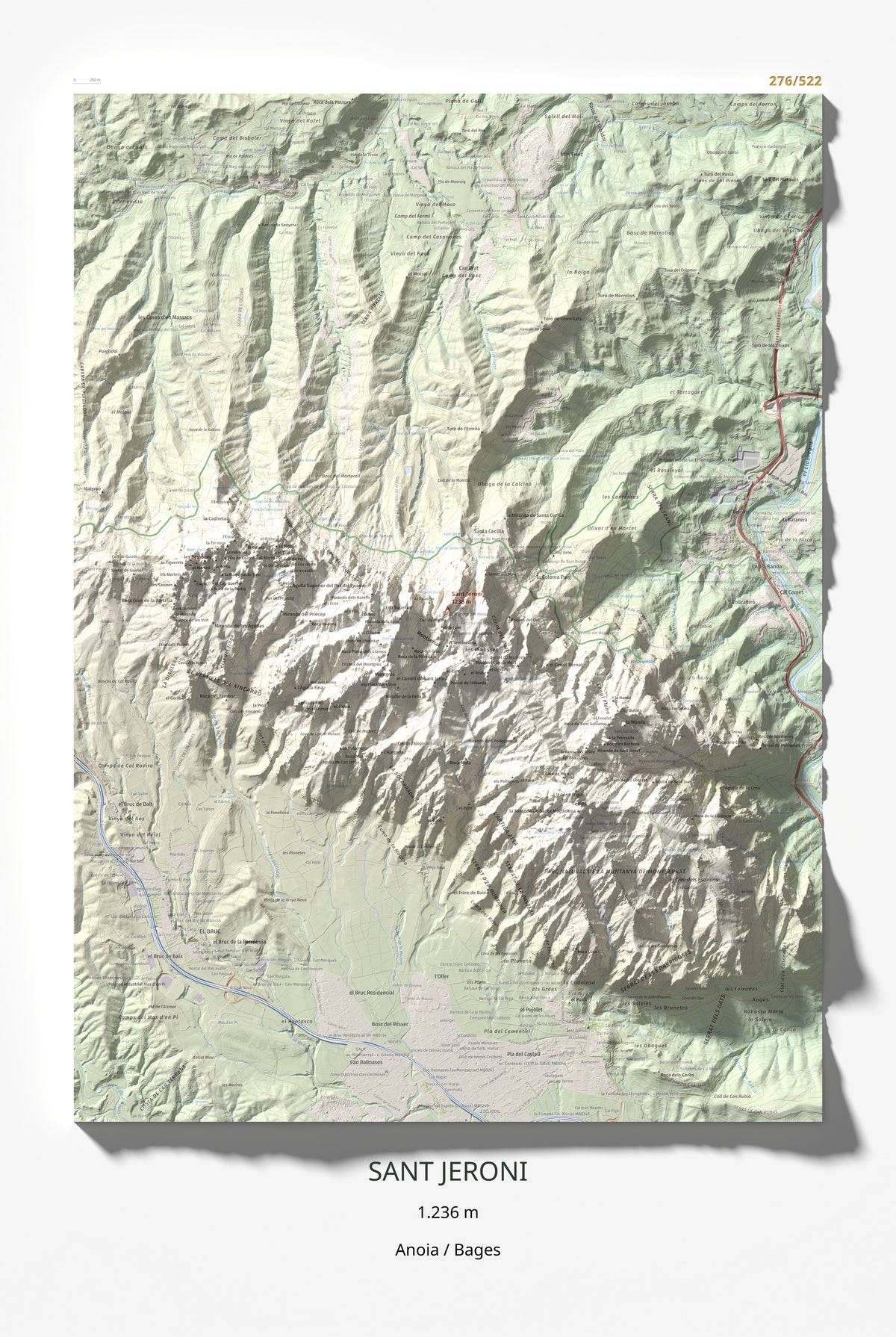 Mapa de relieve de Sant Jeroni, 1236 m, Anoia · Bages, lámina 100 Cims de Trobart 61 × 91 cm.