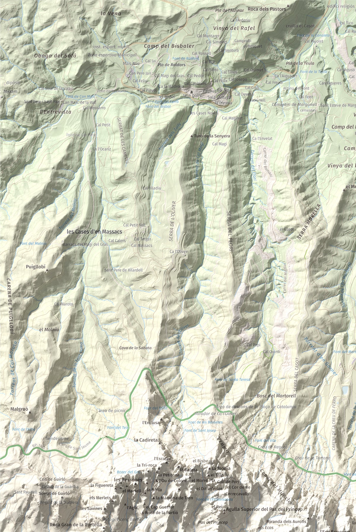 Mapa de relieve de Sant Jeroni, 1236 m, Anoia · Bages, lámina 100 Cims de Trobart. Detalle de la zona superior izquierda. 61 × 91 cm.