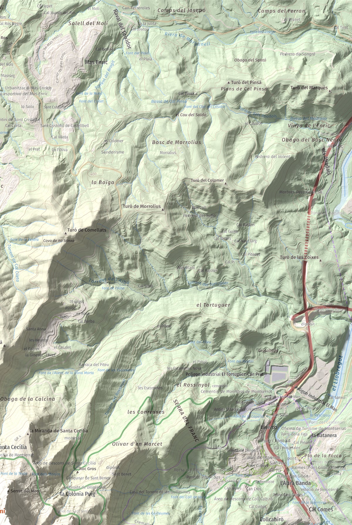Mapa de relieve de Sant Jeroni, 1236 m, Anoia · Bages, lámina 100 Cims de Trobart. Detalle de la zona superior derecha. 61 × 91 cm.