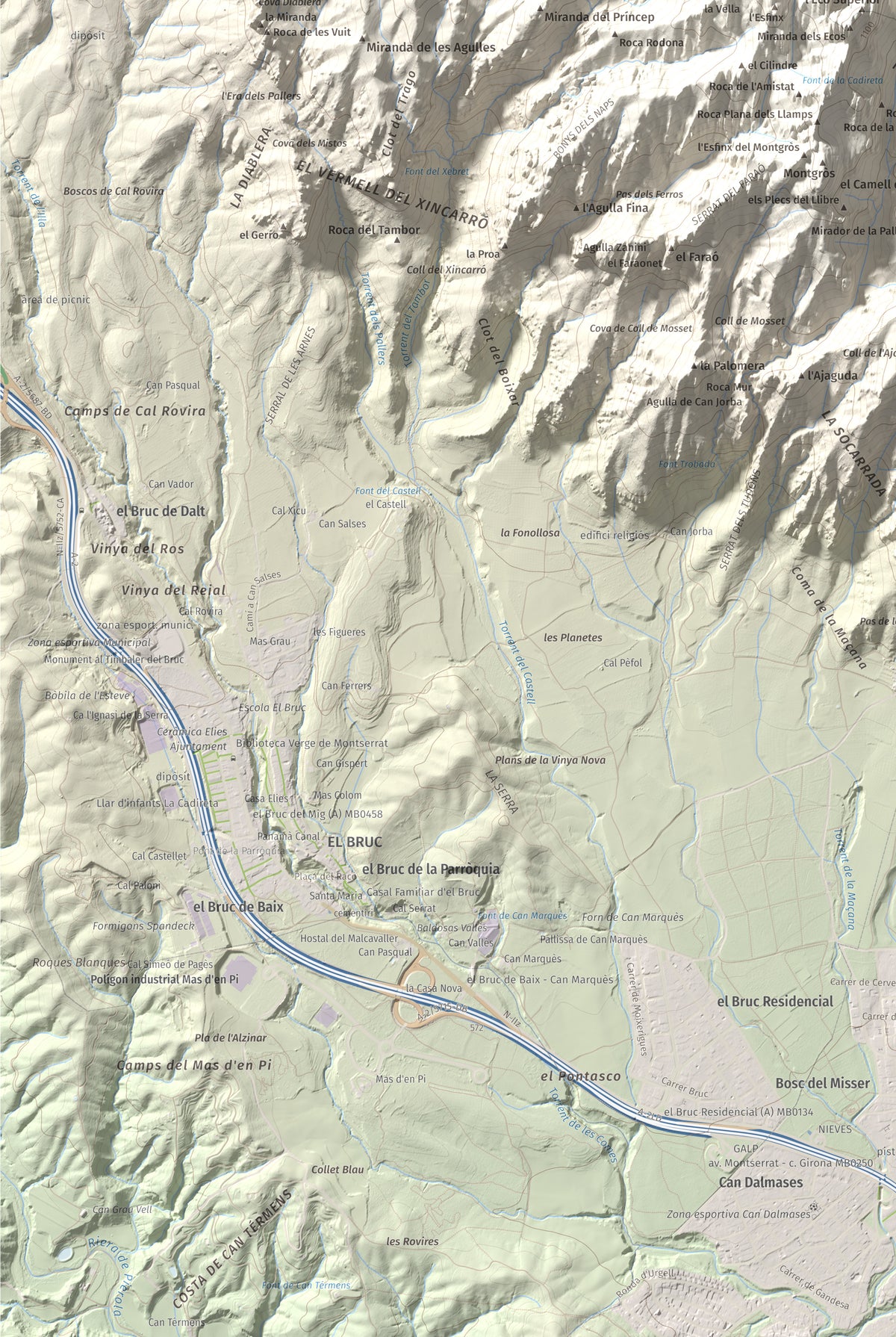 Mapa de relieve de Sant Jeroni, 1236 m, Anoia · Bages, lámina 100 Cims de Trobart. Detalle de la zona inferior izquierda. 61 × 91 cm.