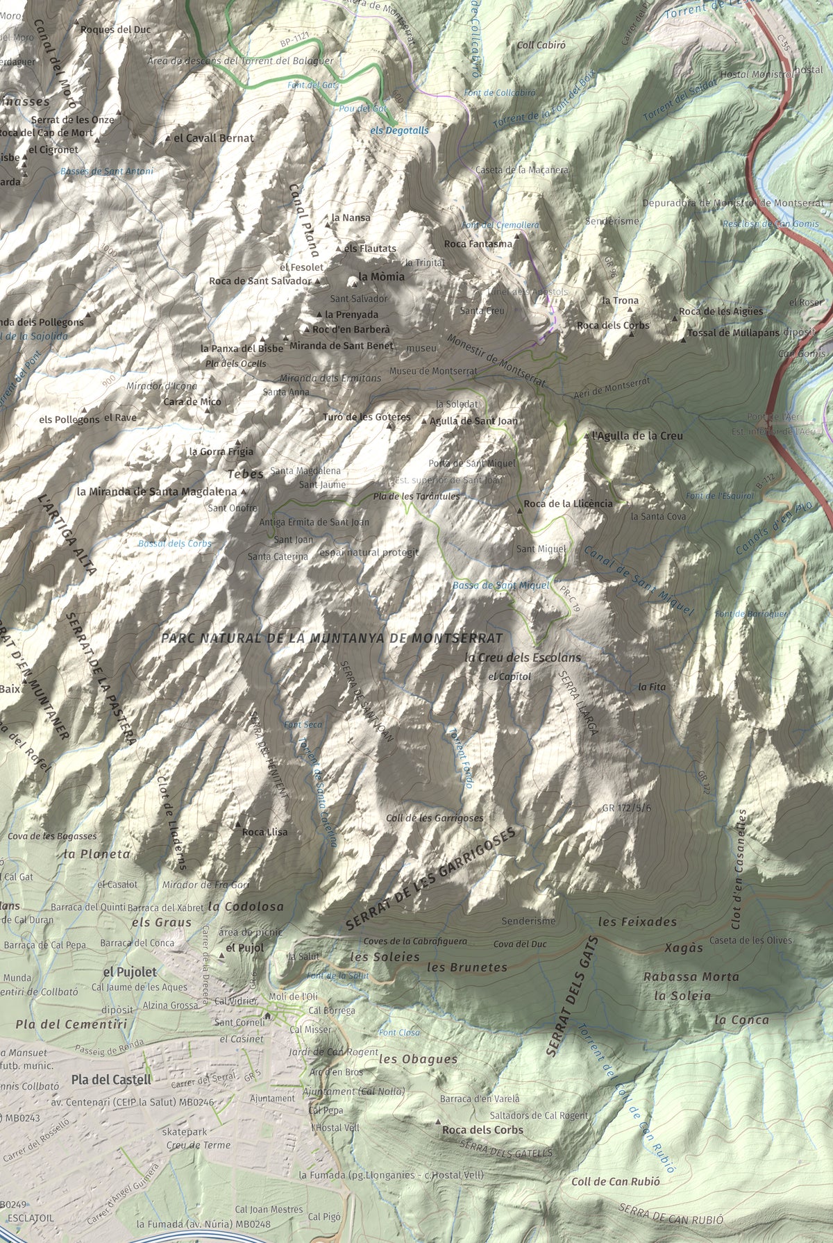 Mapa de relieve de Sant Jeroni, 1236 m, Anoia · Bages, lámina 100 Cims de Trobart. Detalle de la zona inferior derecha. 61 × 91 cm.