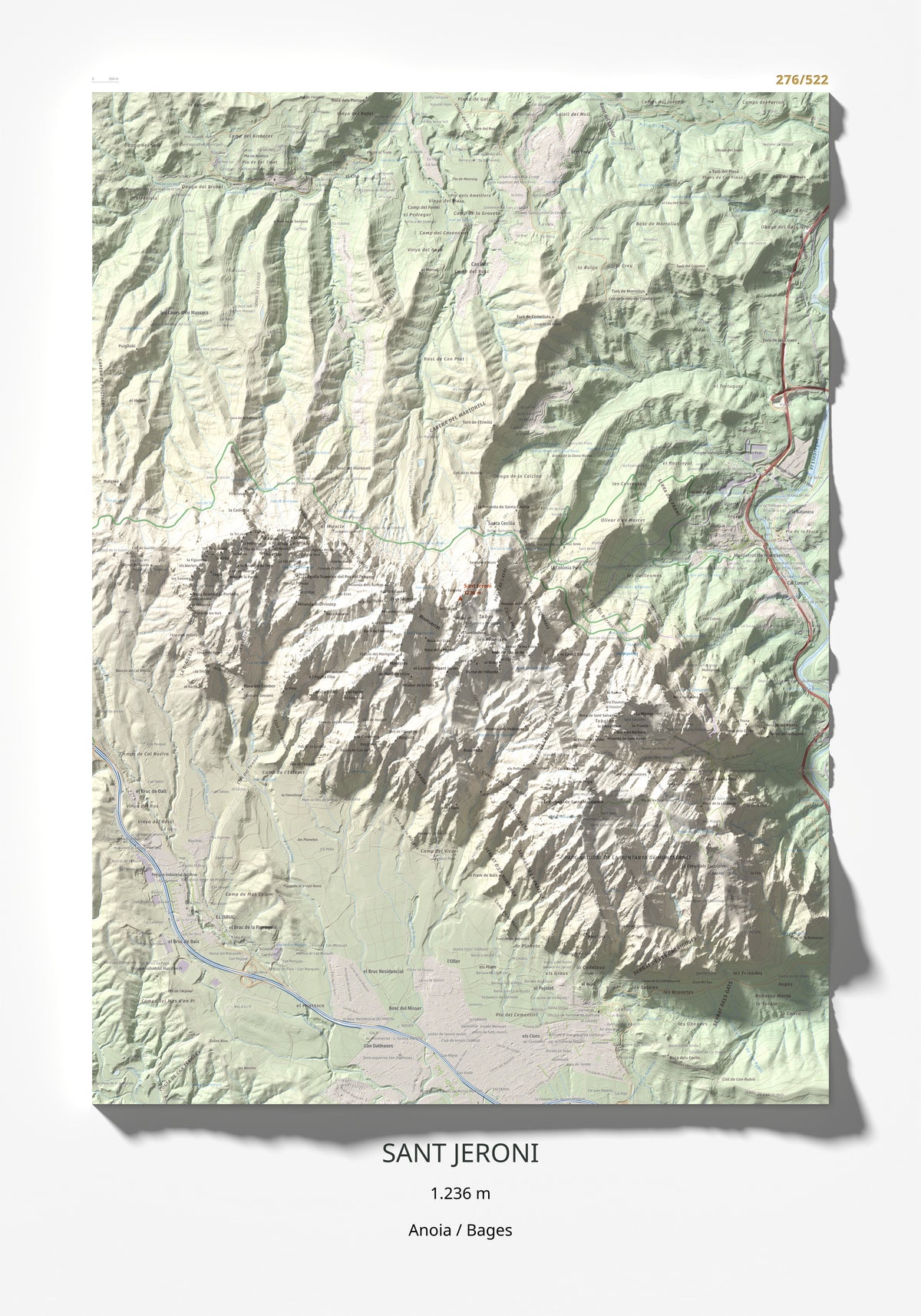 Mapa de relieve de Sant Jeroni, 1236 m, Anoia · Bages, lámina 100 Cims de Trobart 70 × 100 cm.