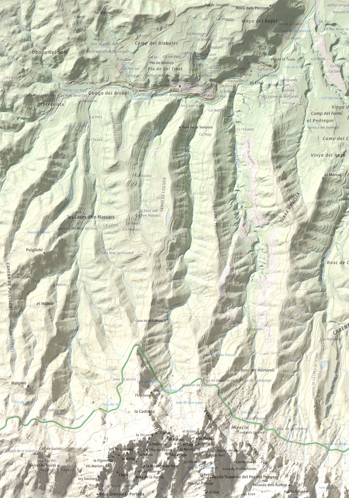 Mapa de relieve de Sant Jeroni, 1236 m, Anoia · Bages, lámina 100 Cims de Trobart. Detalle de la zona superior izquierda. 70 × 100 cm.