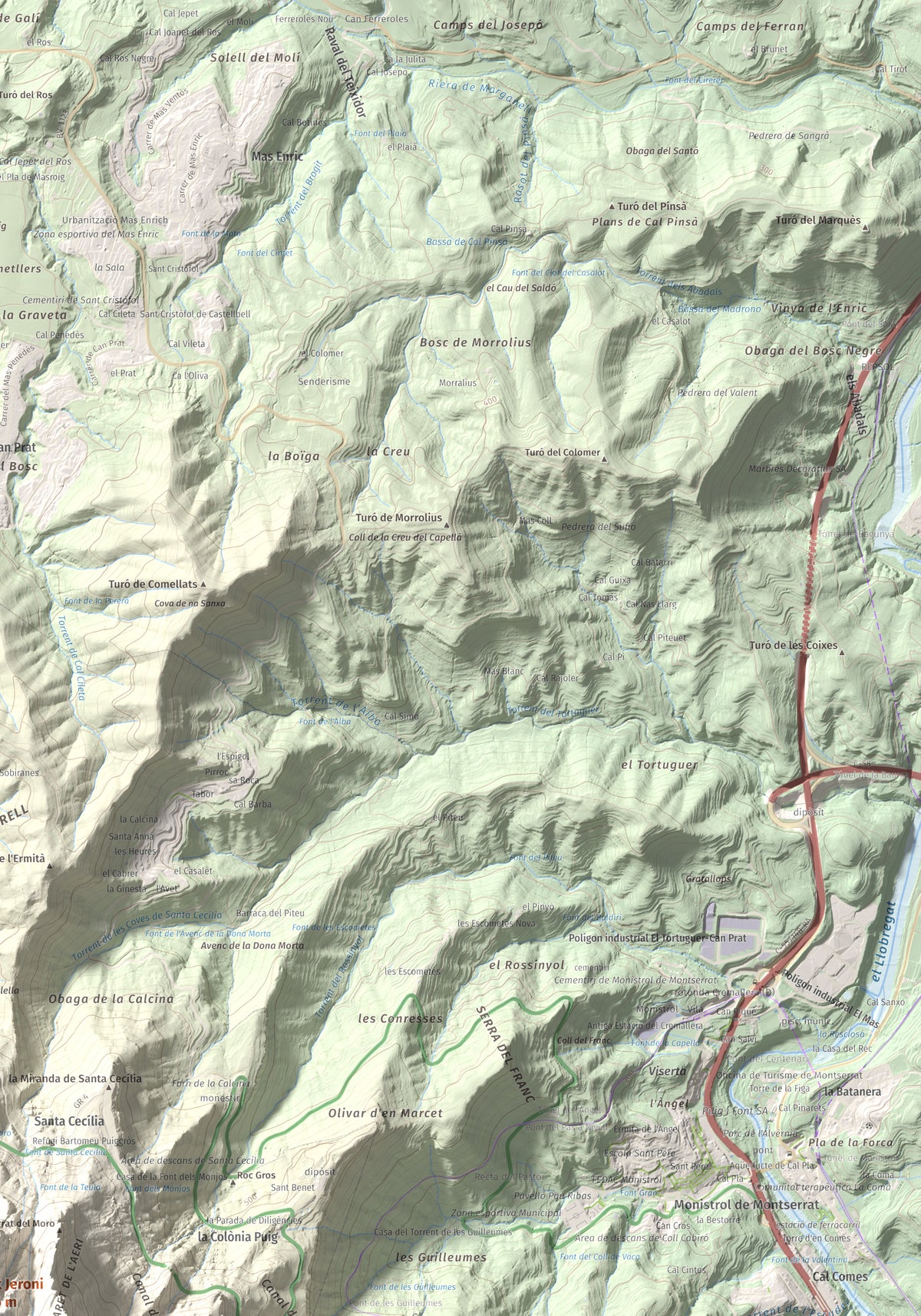 Mapa de relieve de Sant Jeroni, 1236 m, Anoia · Bages, lámina 100 Cims de Trobart. Detalle de la zona superior derecha. 70 × 100 cm.